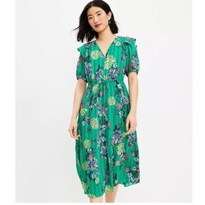 LOFT Green/Yellow Floral Tie Waist Ruffle V-Neck Midi Dress Sz XS Petite